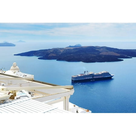 The View on Aegean Sea and Cruise Ship, Santorini Island, Greece Print Wall Art By