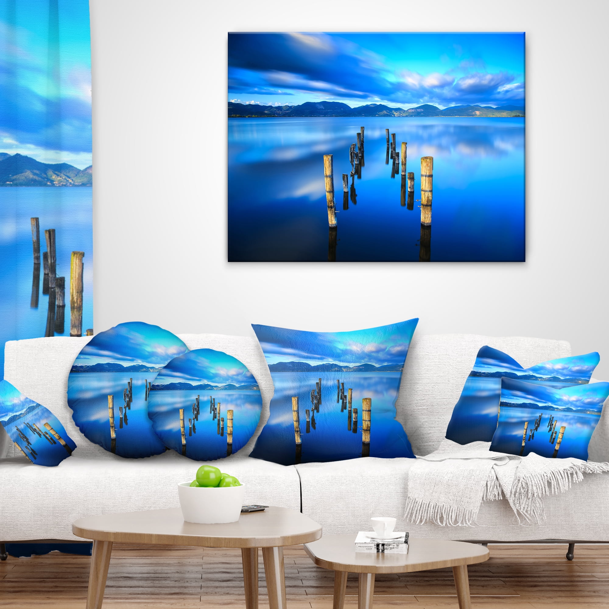 Designart Wooden Pier Remains in Blue Sea - Seascape Throw Pillow - 12x20