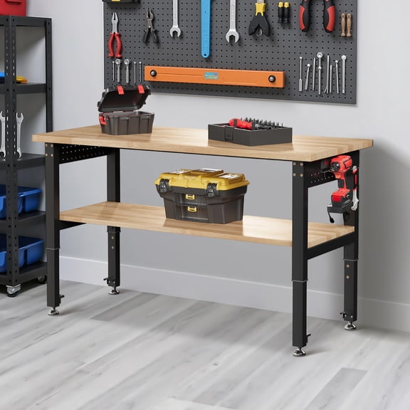 Jocisland Adjustable 2-Tier Workbench with 4 Ac Outlet and 2 Usb Ports Power Outlets, 2000 lbs Capacity, Rubber Wood Top for Garage (48X20 in)