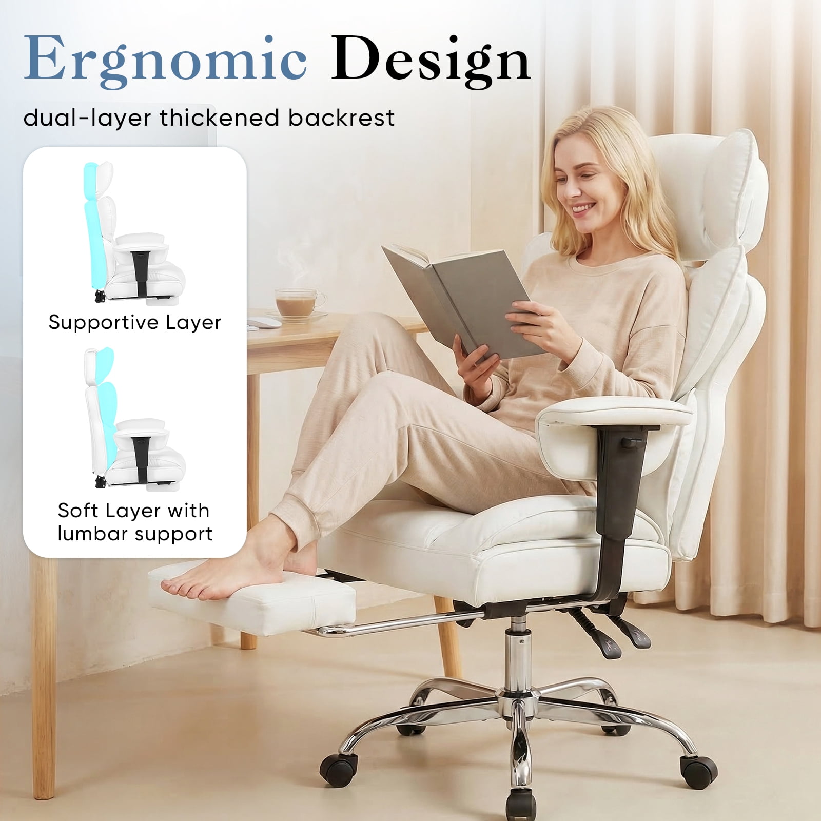 CONCETTA Ergonomic Office Chair 400LBS for Big & Tall, Heavy Duty Desk Chair with Reclining Back, Footrest, Luxurious PU Leather, Beige