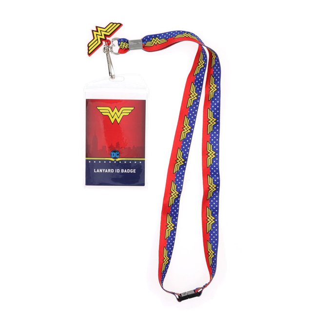 cordón plateado buffalo dc comics wonder woman con soporte para tarjetas — lanyard rojo y azul con emblemas repetidos de Wonder Woman, clip metálico, soporte transparente para credencial vertical y dije de goma; accesorio de papelería ideal para identificación y llaves, mide 5.3 x 3 pulgadas.