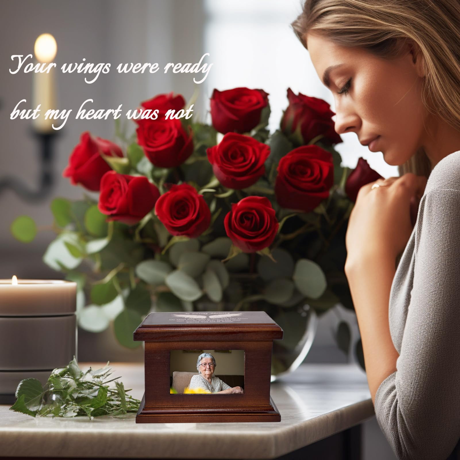 6 Inches Small Wood Urns for Ashes, Funeral Memorial Urns with Photo Frame, Small Urns Keepsake Wooden Urns Box and Casket, Picture Frame Keepsakes Urns for Human/Pet Ashes-Wing