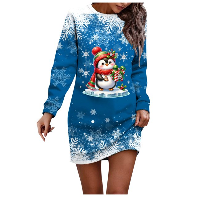 Wyzesi Robes Roses Grande Taille Maxi Robe Chandail de Noël Imprimée pour Femmes Col Rond Manches Longues Ample Sans Capuche Robe Décontractée Robes de Soirée pour Femmes Dentelle Courte