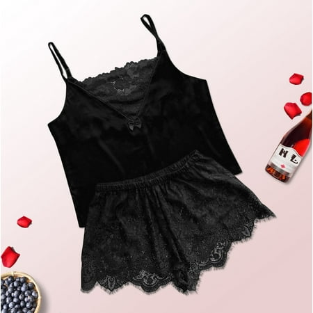 

WGOUP Women Satin Lace V-Neck Camisole Bowknot Shorts Set Sleepwear Pajamas Lingerie Black(Buy 2 Get 1 Free)