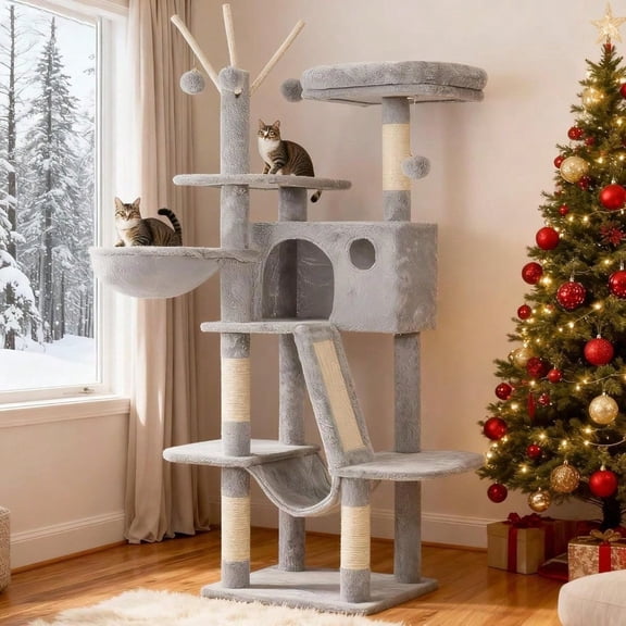 Cat Tree 53 inch Cat Tower for Indoor Cats Cat House with Padded Platform Bed Toy Balls Large Cozy Condo Hammocks and Sisal Scratching Posts Light Gray MPJ019-SW