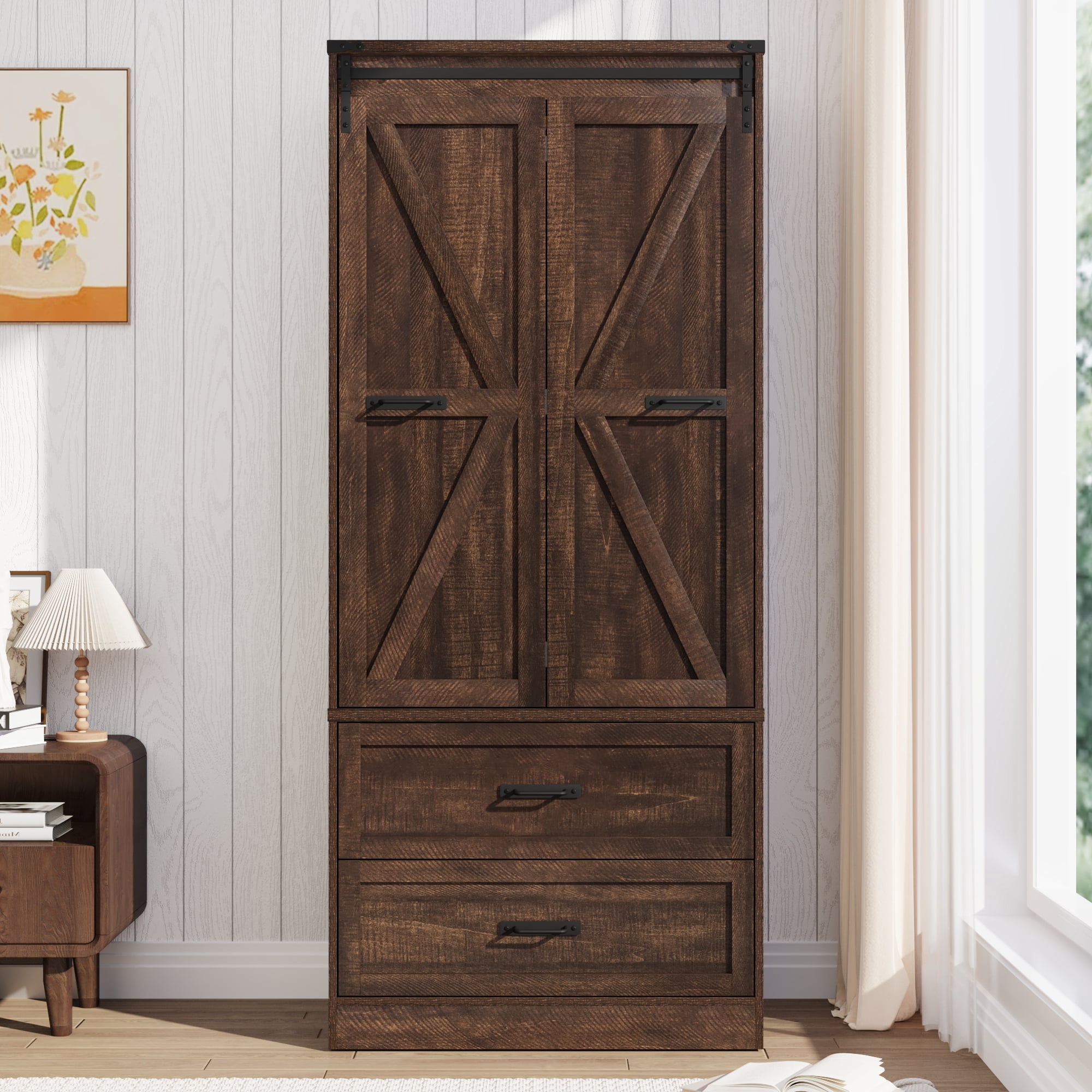 ChVans 72.8''H Armoire Wardrobe Closet with Sensor Light and 2 Drawer, Farmhouse Bedroom Armoire Cabinet with Hanging Rod, Wooden Wardrobe Cabinet with folding sliding barn door for Bedroom