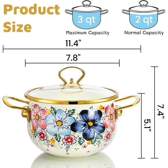 3 Quart Vintage Floral Enamel Cooking Pot, Glass Lid Non-Stick Soup Pot, Compatible with Induction and Gas Stove