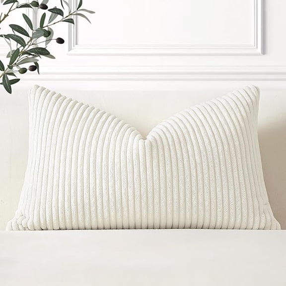 Eryueer Cozy Striped Corduroy Cushion Cover 30x50cm Super Soft Decorative Oblong Throw Pillow Covers Case for Sofa Couch Bedroom Car Decor 12 x 20 Inches, Cream White