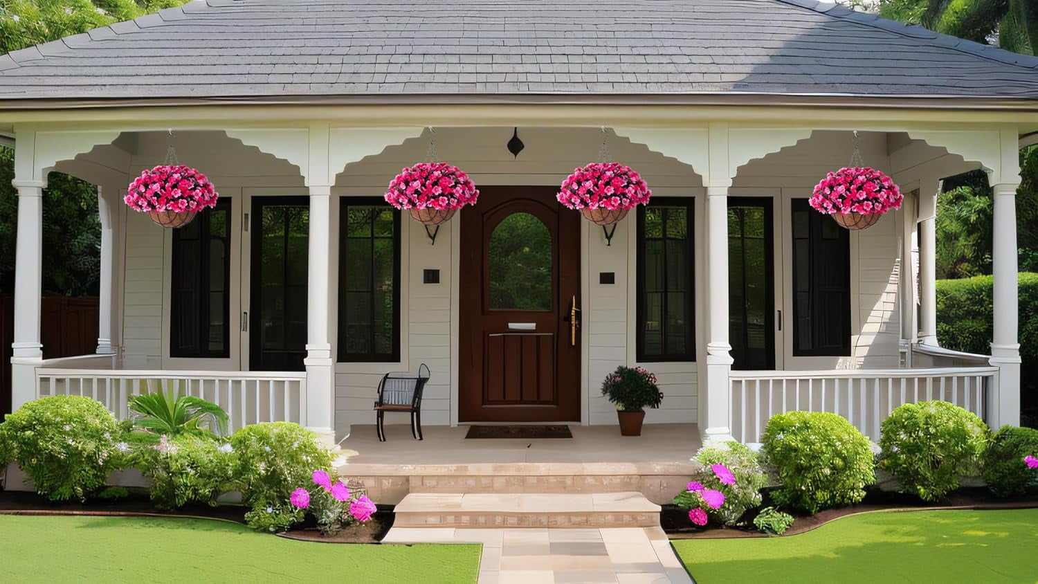 Artificial Hanging Flowers With 12" Basket Outdoor Spring Summer Decor Fake Hydrangea Uv Resistant Arrangements Pot Planter Decor Indoor Porch Garden Yard Hanging Artificial Flowers For Outdoors