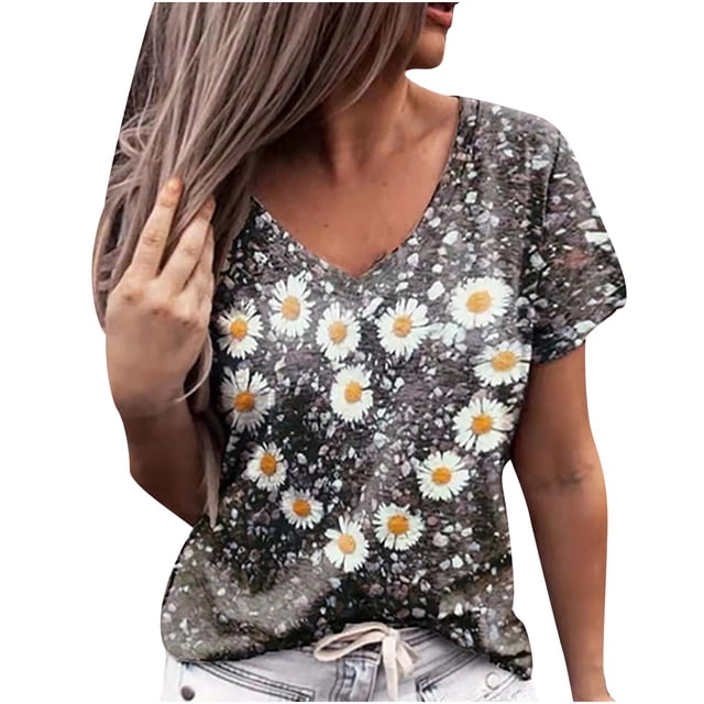 Leutsin T-Shirt à Col en V d'Été pour Femmes, Décontracté, à Manches Courtes, Imprimé « Love »