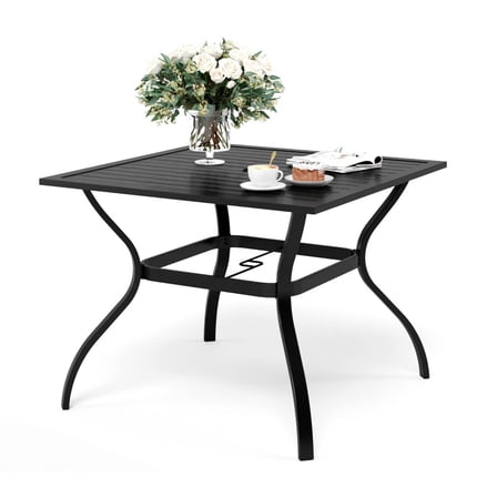 Outdoor Metal Patio Dining Table with Umbrella Hole, 37'' Square Waterproof Rustproof E-Coating Garden Table for Backyard, Deck & Poolside – Black