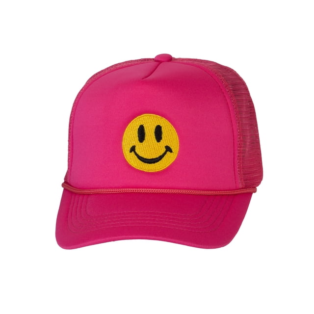Gravity Threads Smile Face Embroidery Adjustable Trucker Hat - Smile - Hot Pink