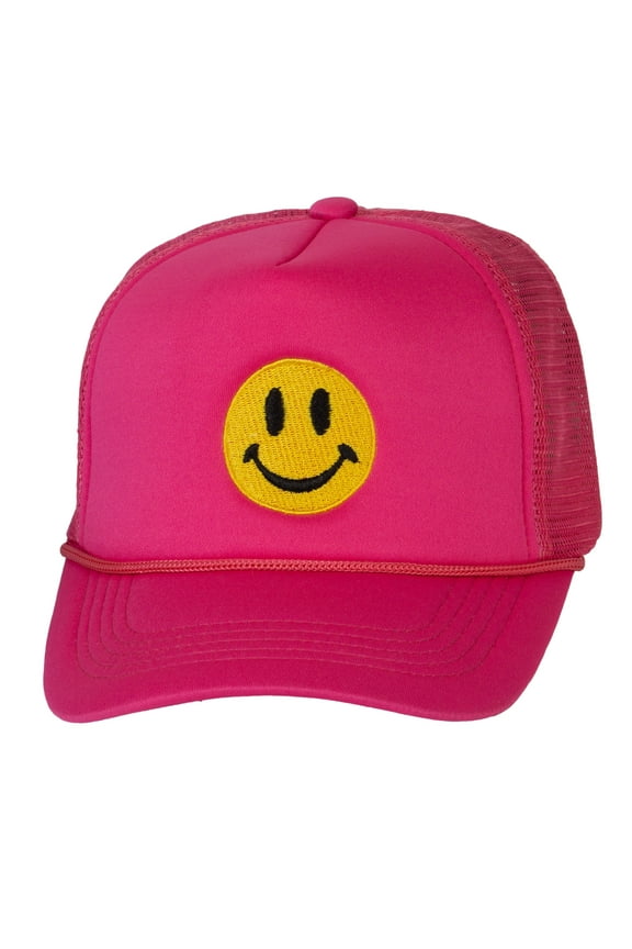 Smile Face Embroidery Adjustable Trucker Hat - Smile - Hot Pink