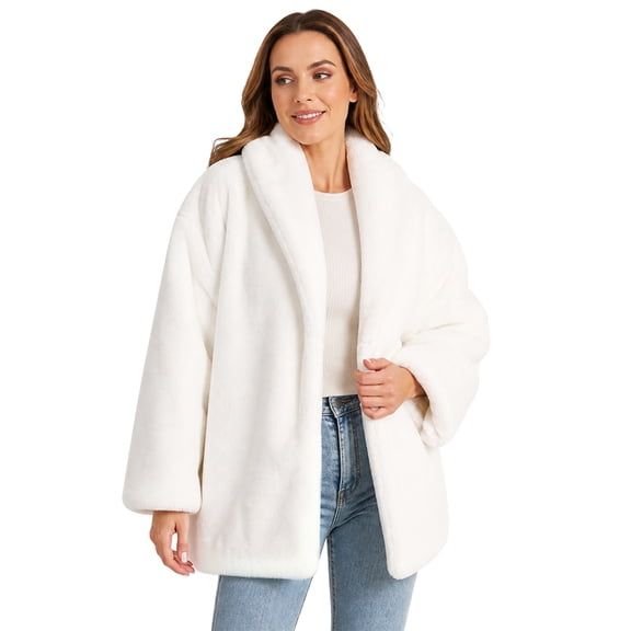 Amazhiyu Women's Oversized Mid‑Length Faux Fur Coat Open Front Wide Lapel Fluffy Warm Winter Plush Outerwear