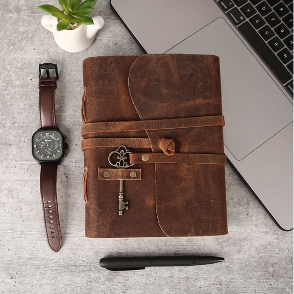 Leather Journal with unlined Deckle Edge Paper and Vintage Key/Handmade Writing Notebook Diary/Bound Daily Notepad for Men & Women Medium, Writing pad Gift for Artist, Sketch