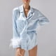 thumbnail image 4 of Conjunto de pijamas de 2 piezas para mujer, camisas de manga larga con puños de plumas lisas/de retazos, Tops + Pantalones cortos, ropa suelta para dormir/estar en casa, 4 of 4