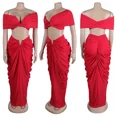thumbnail image 3 of Conjuntos de vestido largo fruncido de noche de fiesta sexy para mujer, conjunto de dos piezas, conjuntos para club rave, top corto con cuello oblicuo y falda larga, conjuntos a juego, 3 of 5