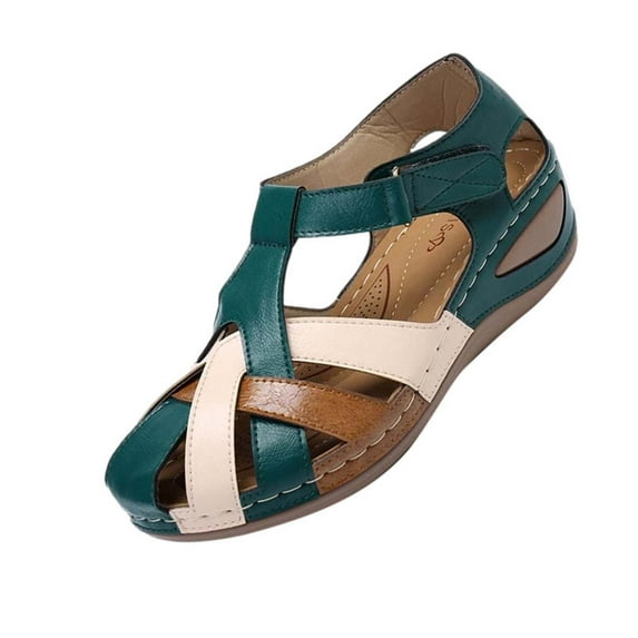 asdoklhq Summer Sandals for Women,Summer Plus Size Retro Round Toe Color Matching Women's Casual Wedge Sandals
