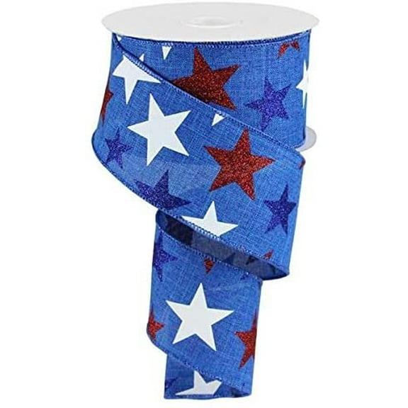Glittered Stars Wired Edge Ribbon - 10 Yards Royal Blue, 2.5"