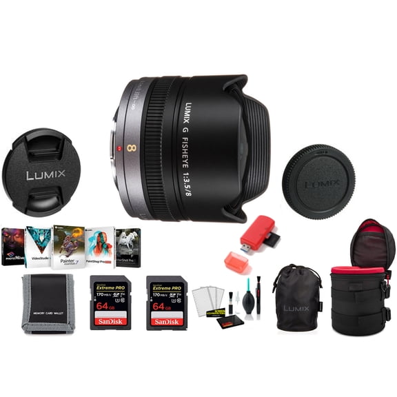 Panasonic Lumix G Fisheye 8mm F/3.5 Lens, Micro Four Thirds, H-F008 - Bundle with 2x 64GB Memory Card   Editing Software  and More