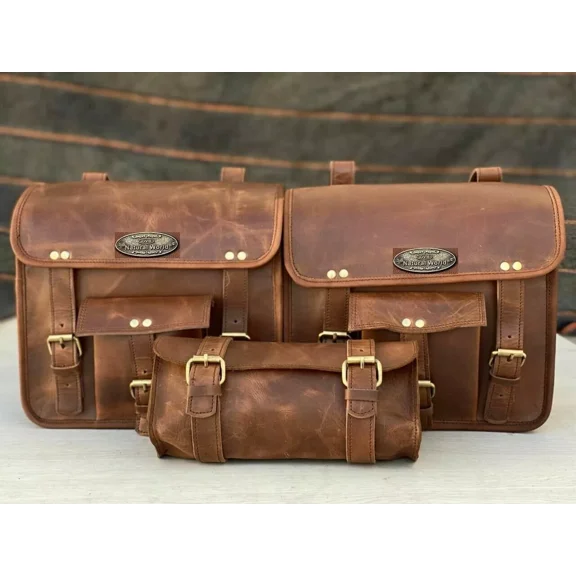 Shakun Leather Motorcycle Leather Pouch Panniers Side Saddle Bag Saddlebags Bags Tool 3
