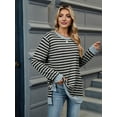 thumbnail image 4 of Womens Casual Striped Long Sleeve Shirt Trendy Crew Neck Slim Loose Fit Basic Blouses Tops Light Gray Black XL, 4 of 8