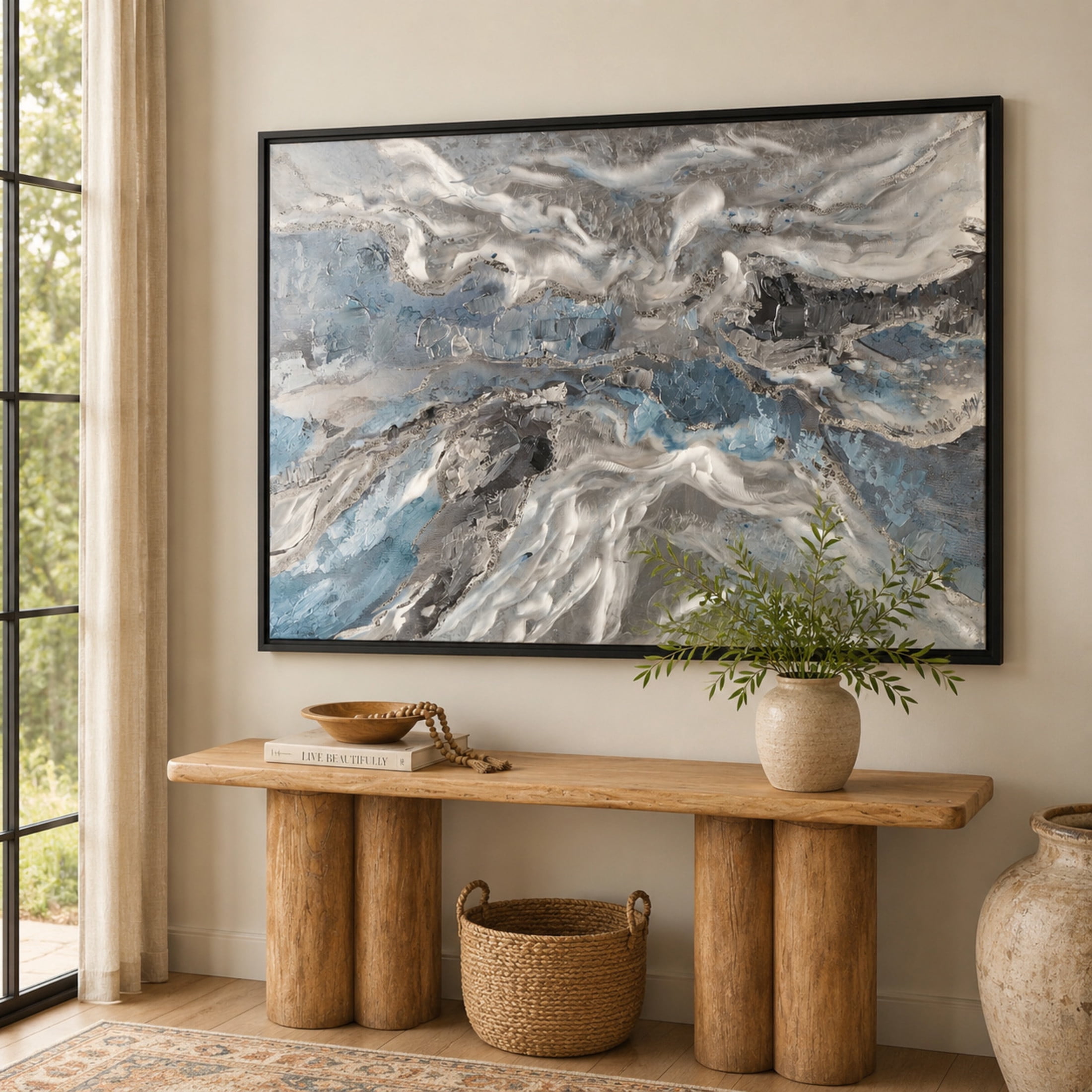 30" x 59" Abstract Framed Wall Art with Silver Foil Accents and Black Frame, by DecMode