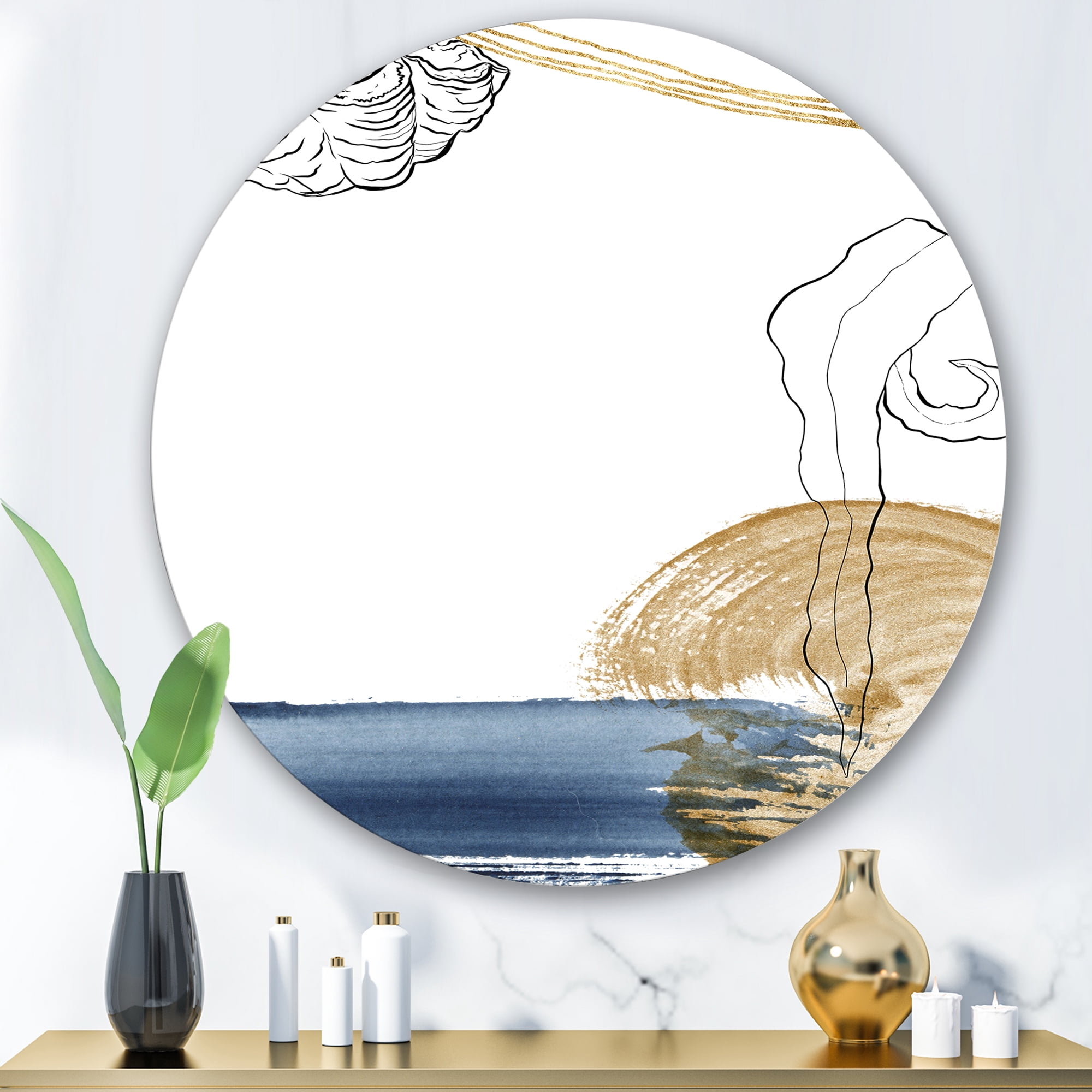 Designart 'Golden Marine Shell Classic Blue Abstract ' Farmhouse Circle Metal Wall Art 36x36 - Disc of 36