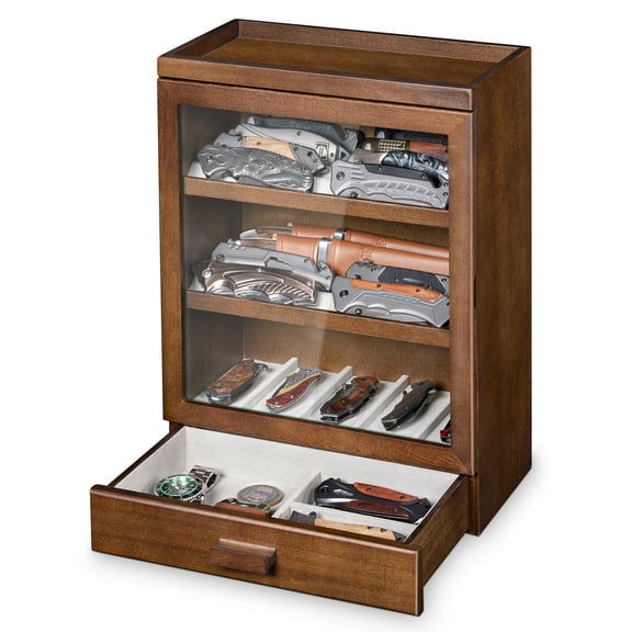 Knife Display Case, Knife Collection Display Holder with Glass Lid & Drawers, Walnut