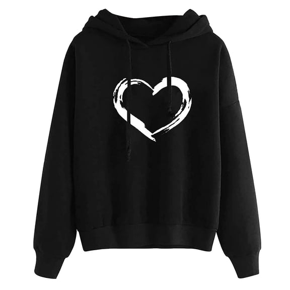 Dyfzdhu Plus Size Hoodies for Women Casual Heart Print Comfy Solid Color Long Sleeve Hooded Sweatshirt, Black L