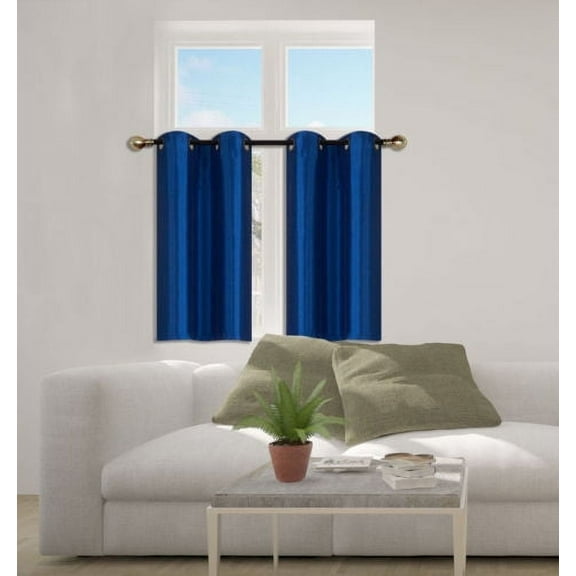 N25 Royal Blue 1-Set Solid Faux Silk Grommet Top Small Window Curtain, 2 Semi Sheer Tier Panels 30" W x 36" L (Each Tier)