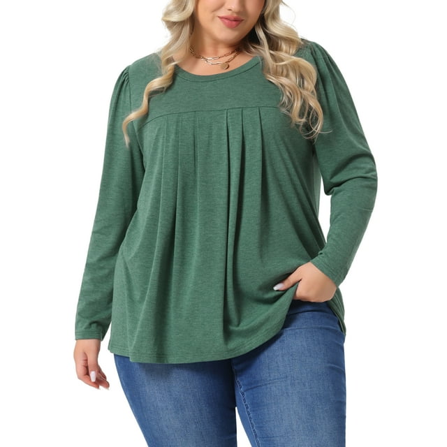 Blusas elegantes de manga larga plisadas de talla grande para mujeres GRACE & GRANDEUR, camisetas sueltas casuales 3X en verde