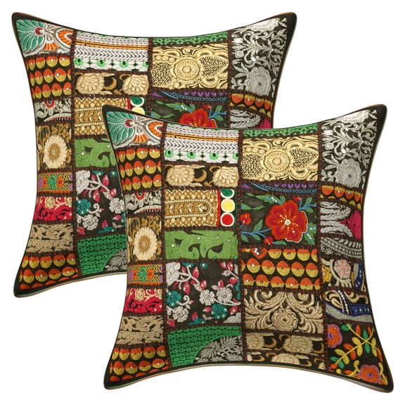 Stylo Culture Ethnic Cotton Living Room Throw Pillow Covers Black 18 x 18 Bohemian Vintage Patchwork Ethnic Sofa Cushion Covers 45x45 cm Decorative Abstract Square Pillow Cases | Set Of 2