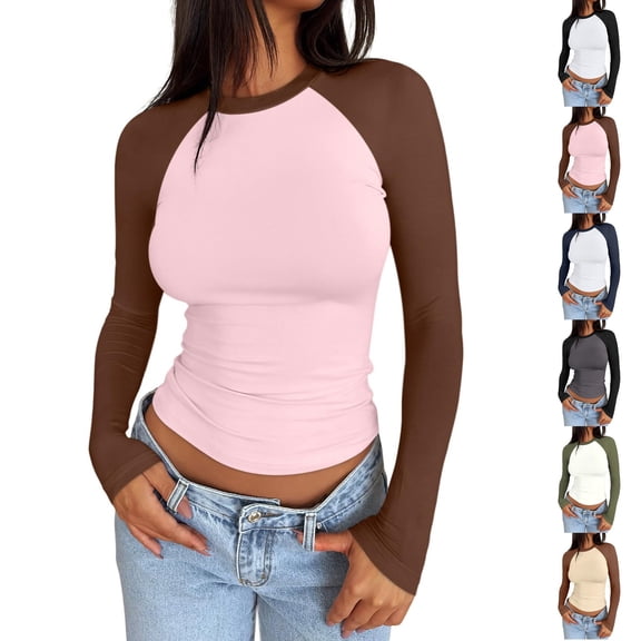 Dwellite Womens Long Sleeve Shirts Slim Fit Stretchy Color Block Shirts for Workout Gym Athletic Pink -AD30 M