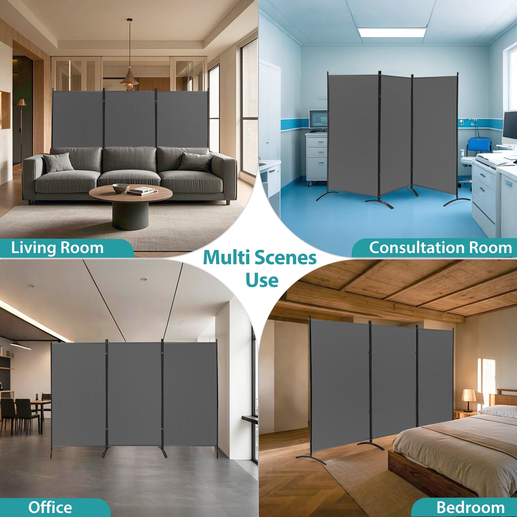 ZENY Room Divider 3 Panel Folding Partition Metal Frame Freestanding Fabric Room Panel Privacy Screens, Gray