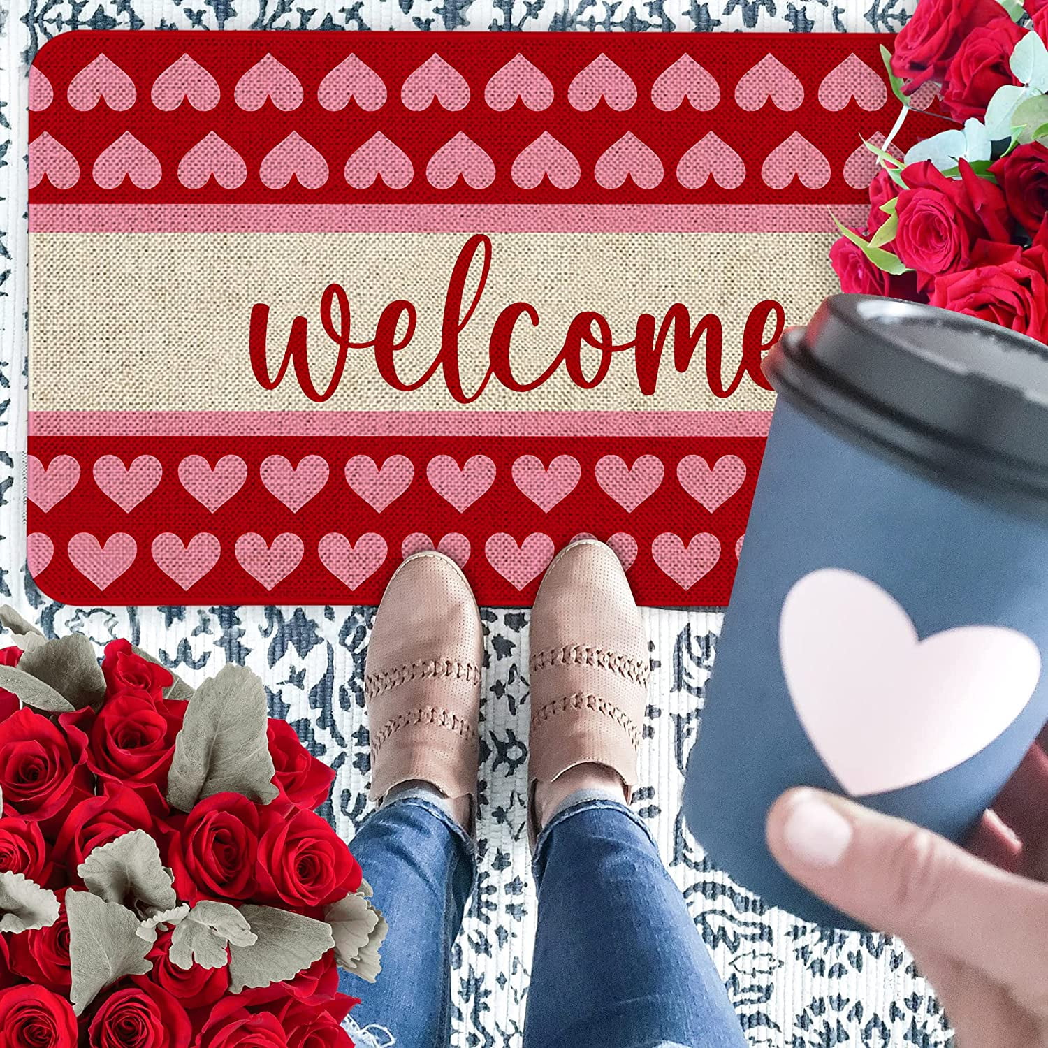Roszwtit Valentines Day Door Mat 30 X 17 Inch Red Heart Welcome Doormat Indoor Outdoor Entrance Floor Mat Non Slip Valentine Decor Rubber Door Mats