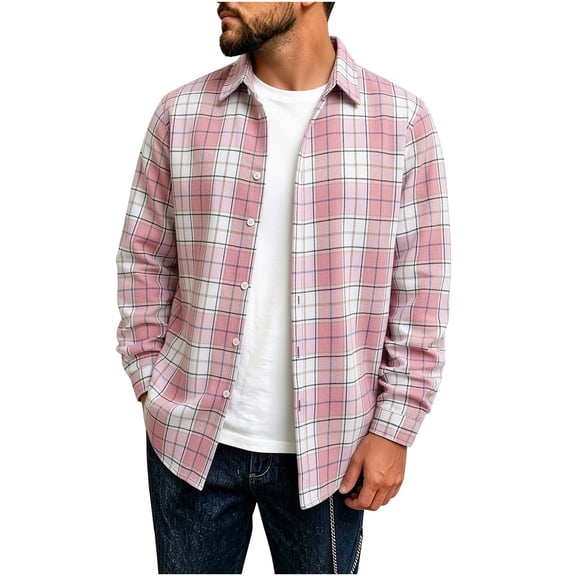 TOUMENY Men Plaid Shirts Casual Button Down Long Sleeve Flannel Checkered Shirt Fall Autumn Collared Loose Fit Tops Vacation Travel Shirt Pink L