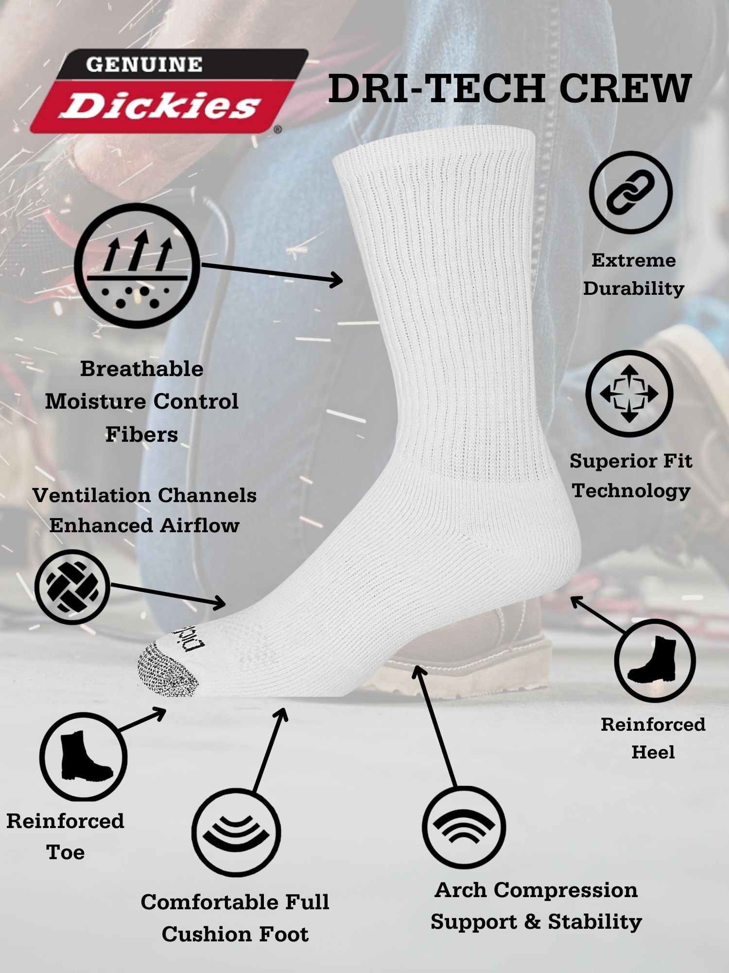 Dickies Men's Dri-Tech Crew Sock, 6 Pack, Solid White Sizes 6-12