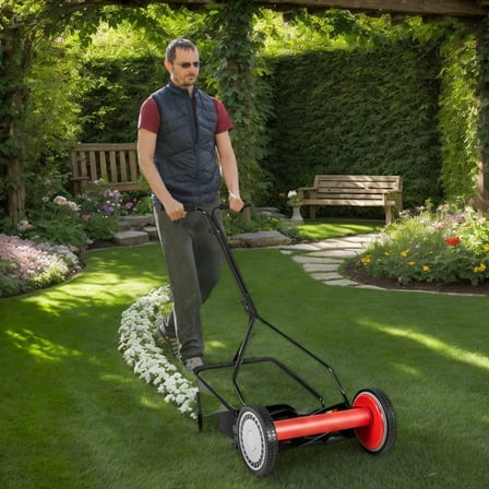 Demifill 14 Inch Push Lawn Mower with 5 Steel Blades and Grass Catcher Bag, Lawn Mower for Outdoor as Garden, Backyard, Porch, Red