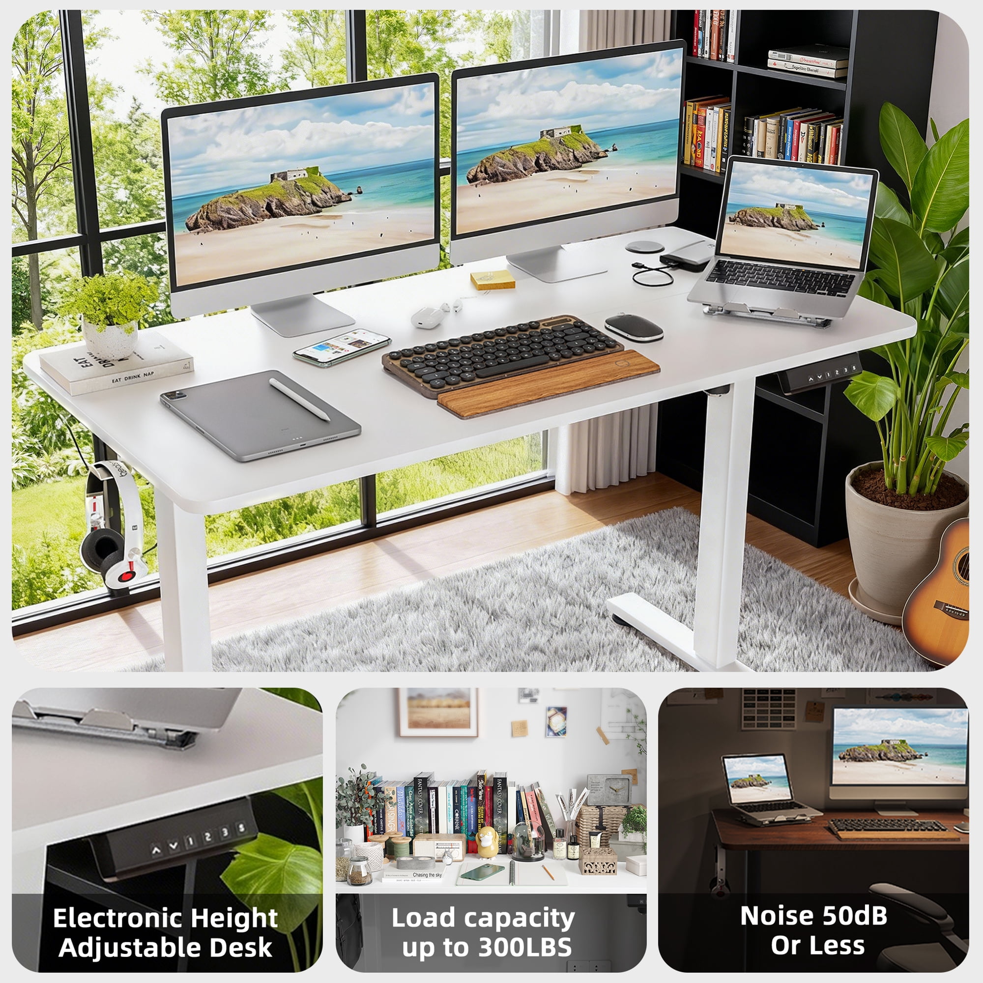 MAYEERTY 48*24" White Electric Standing Home Office Desk with Splice Board, Adjustable Height Sit-Stand Desk