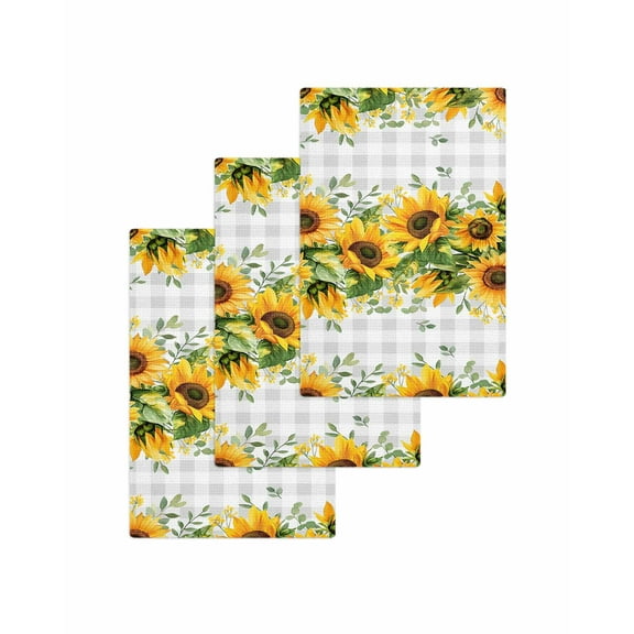 Sunflower Plaid Kitchen Dish Towels for Drying Dishes Set of 3, Retro Yellow Green Floral Leaf Grey Waffle Weave Microfiber Terry Hand Tea Bathroom Towels Quick Dry & Absorbent Towel 15.7x23.6