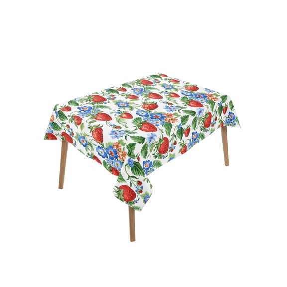 Strawberry Table Cloth, Summer Botanical Blue Spring Floral Waterproof Tablecloth for Rectangle Tables, Reusable Washable Fabric Table Cover for Restaurant Kitchen Dining Tables 60"x102"