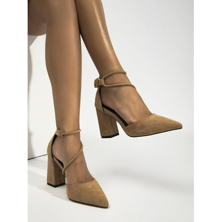 

Faux Suede Point Toe Chunky Heeled Ankle Strap Pumps Women‘s Footwear