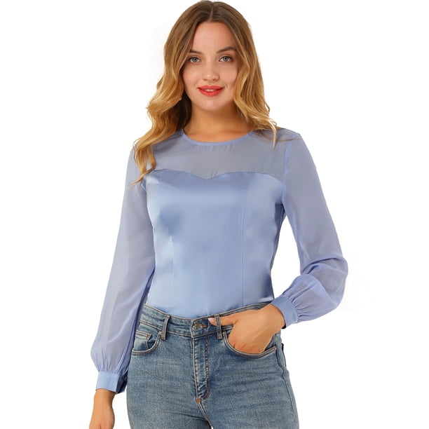 Camisa De Panel De Gasa De Satén Elegante Manga Larga Transparente Cuello Redondo Blusa Para Mujer Azul L