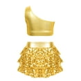 thumbnail image 2 of Haitryli Kids Girls 2 Piece Jazz Latin Ballroom Dance Outfits Sequins One Shoulder Crop Top with Skirt Gold 8, 2 of 5