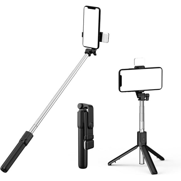 KOMI Selfie Stick with Tripod Stand and Wireless Remote, Compatible with Phones, Live Streaming and Photography Black LED light