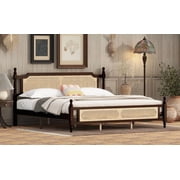 King Pine Bed with Rattan Headboard & Footboard - Espresso