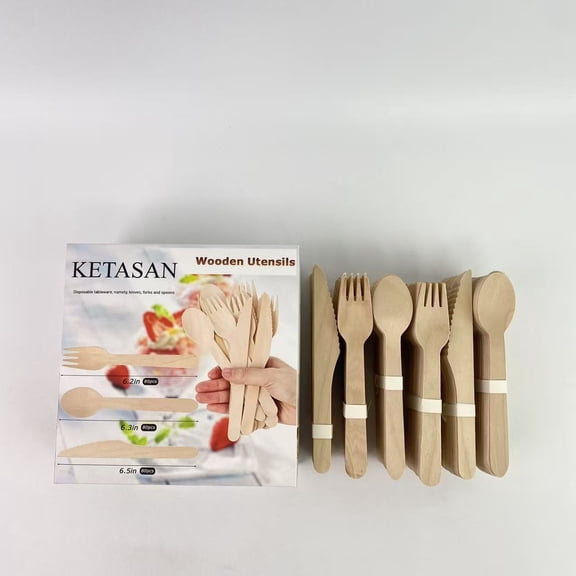 KETASAN Disposable Cutlery Set, Wooden Compostable Utensils Eco-Friendly Forks And Spoons Silverware