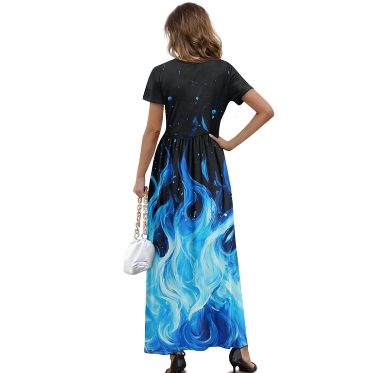 black dress with blue flames Uourmeti Flame Side Pocket Short Sleeve Maxi Dress, Soft Premium Polyester and Spandex Short Sleeve Long for Outdoor Picnic Travel knit fabric best maternity dress for photoshoot Black Satin Dress for Size:UK 22