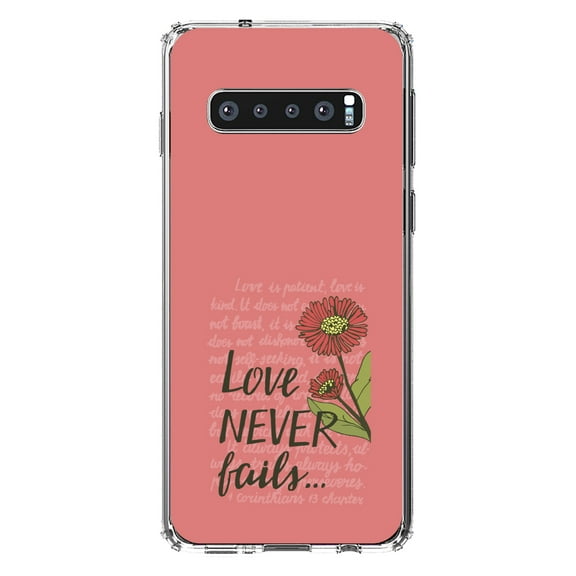DistinctInk Clear Shockproof Hybrid Case for Samsung Galaxy S10  PLUS(6.4" Screen) - TPU Bumper, Acrylic Back, Tempered Glass Screen Protector - 1 Corinthians 13 - Love Never Fails - Flower